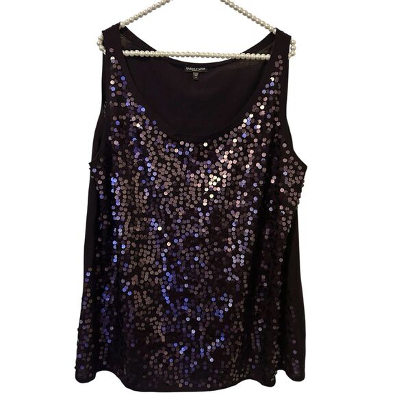 Eileen Fisher Purple Black Shiny Sequin 3X Merino Wool Round Neck Tank Top Y2K - Picture 1 of 11